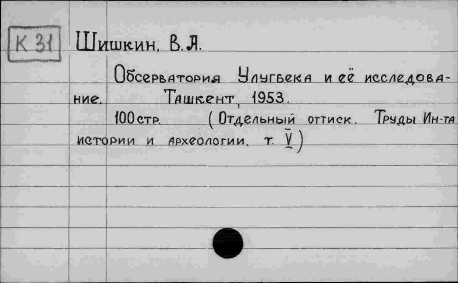 ﻿Шишкин, В. Л.
ниє. і ІДшкент, 1У50._______________________
fOOcTP.( Отдельный оттиск. Труды Ин-тя ИСТОРИИ и археологи и_T.V 